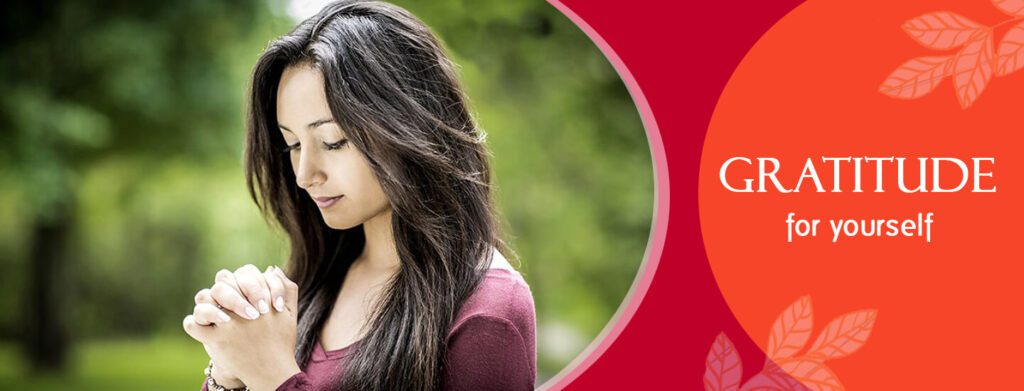 Banner image for the blog titled ‘Gratitude for Yourself’, featuring a serene woman in a thoughtful pose, with soft light and introspective mood.